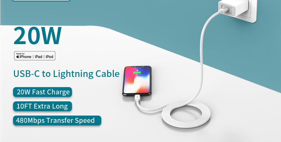 20W USB-C to Lightning Cable 20W fast charge 10ft extra long 480Mbps Transfer Speed
